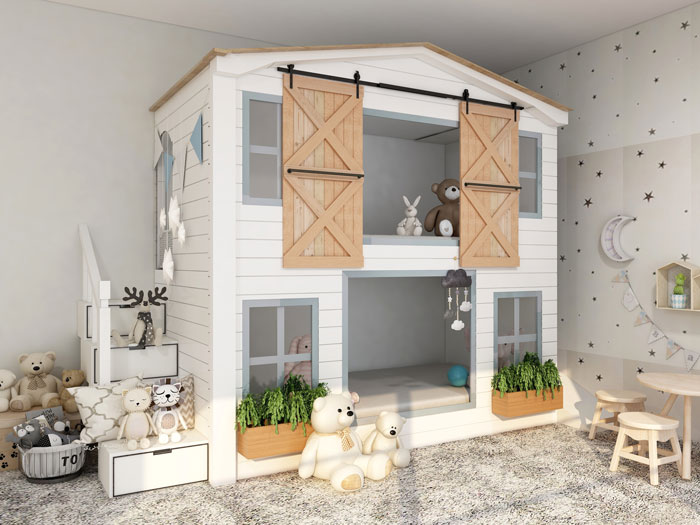 Kids room with organized toy storage in a playhouse structure, featuring plush toys and a cozy decor theme.