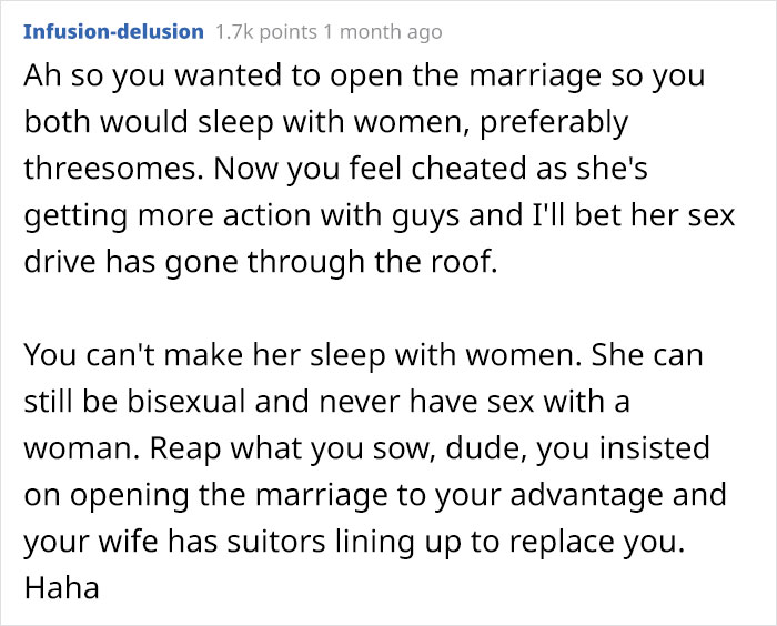 Man asks bisexual wife to open up their relationship, but changes his mind when she starts seeing only men