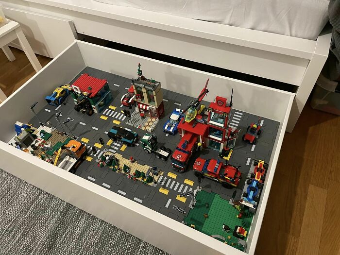 Thanks To Malm Bed With Drawers, I Neither Need To Accidentally Step On LEGO Nor My Son Get His City Dusty. Ready To Be Played With When He Wishes