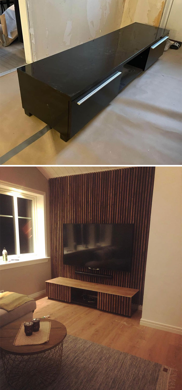 An IKEA TV Bench That We Remade By Removing The Handles, Putting On A Sharpened Board (Which We Got Over From The Wall), And Putting The Remaining Floor On Top