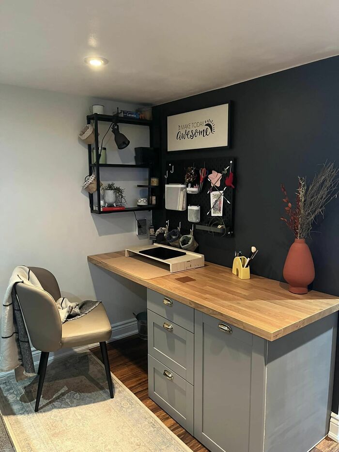 We Did A Built In Desk In The Basement Using The Enhet Kitchen Base Cabinets & Saljan Countertop. I Needed Something To Transition The White And Black Wall And Thought The Enhet Metal Shelf Does The Job!