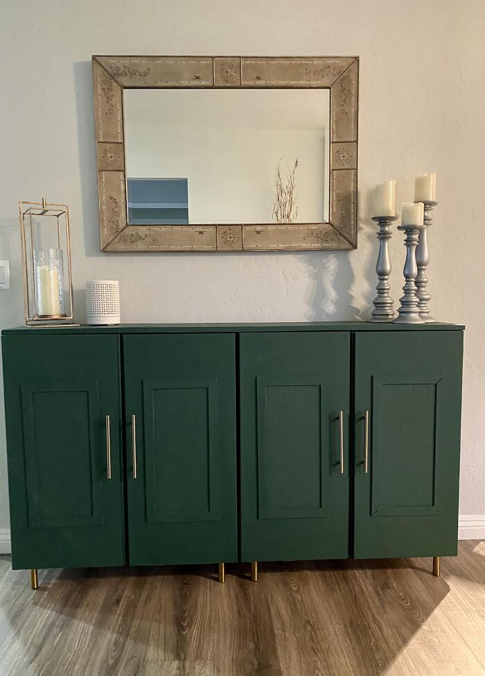 Refused To Pay $800 To $2000 For A Credenza. This Is 2 Ivar Cabinets With A Piece Of Pine Added To The Top, Some Trim Wood, Paintable Wallpaper, Handles And Osark Legs