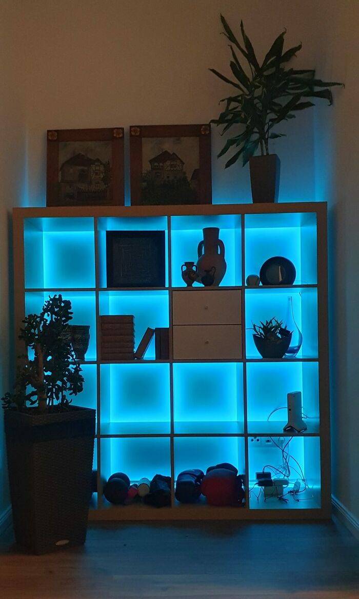 Just Transformed Our Old Expedit (Yes, Not Even Kallax Yet) By Adding LED Stripes To The Back. Now I Have Some Great Place To Display Our Souvenirs