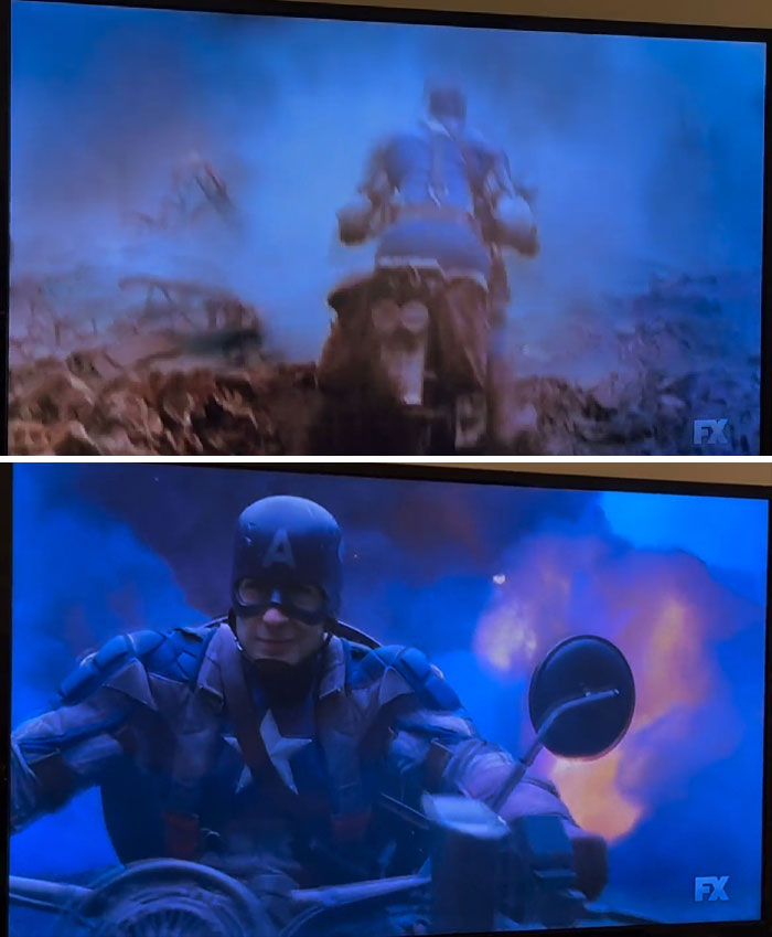 Captain America First Avenger. Cap Has No Shield When He Lands, Then It Is On His Back In Next Shot/Angle