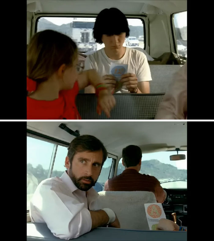 In 'Little Miss Sunshine' When Dwayne Is Doing The Color Blind Test, He Takes The Pamphlet From His Sister But In The Next Shot, She's Still Holding It