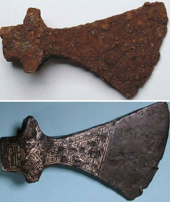 Hacha vikinga antes y después de la restauración (siglos X-XI)