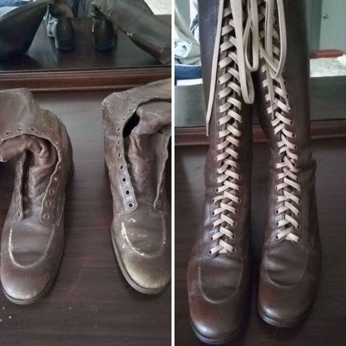 1940's Ladies' Boots Before And After Polishing And New Laces