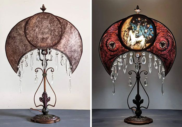 I Restored This Antique Lamp And Made A Bohemian Crescent Moon Mica Shade With Antique Chandelier Crystal Pendants