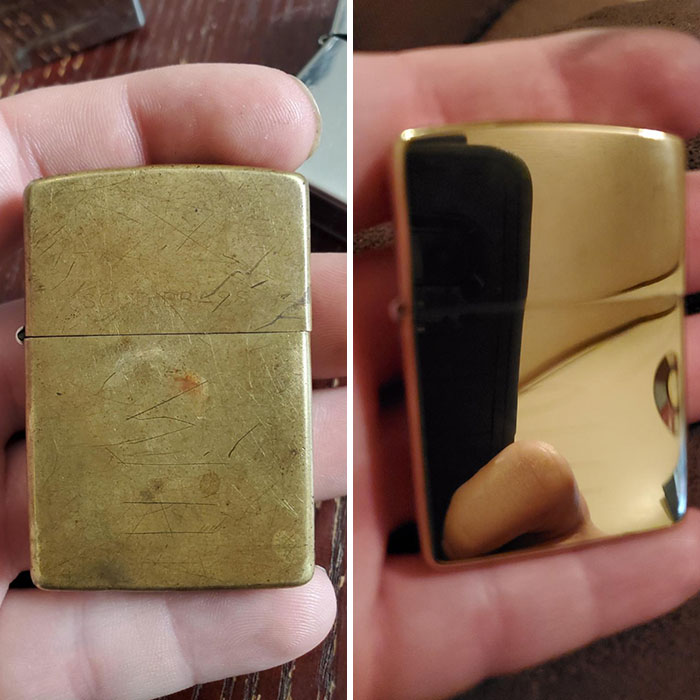 1995 Zippo, Before And After. One Day It Will Look Like It Did Before The Sanding And Polish