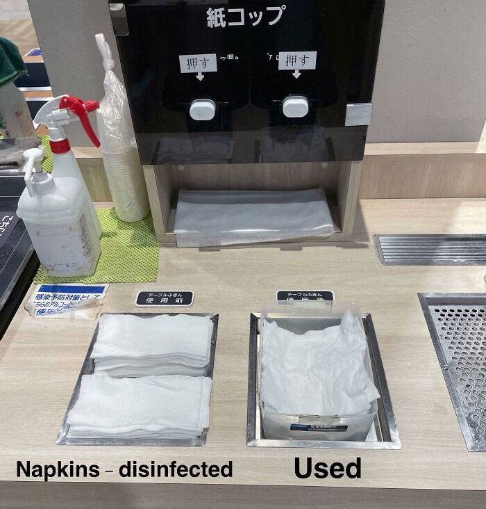 Shopping Mall Food Court In Japan Offers Napkins To Wipe Tables. After Cleaning, Everyone Unfolds Their Used Napkins And Stacks Them Neatly