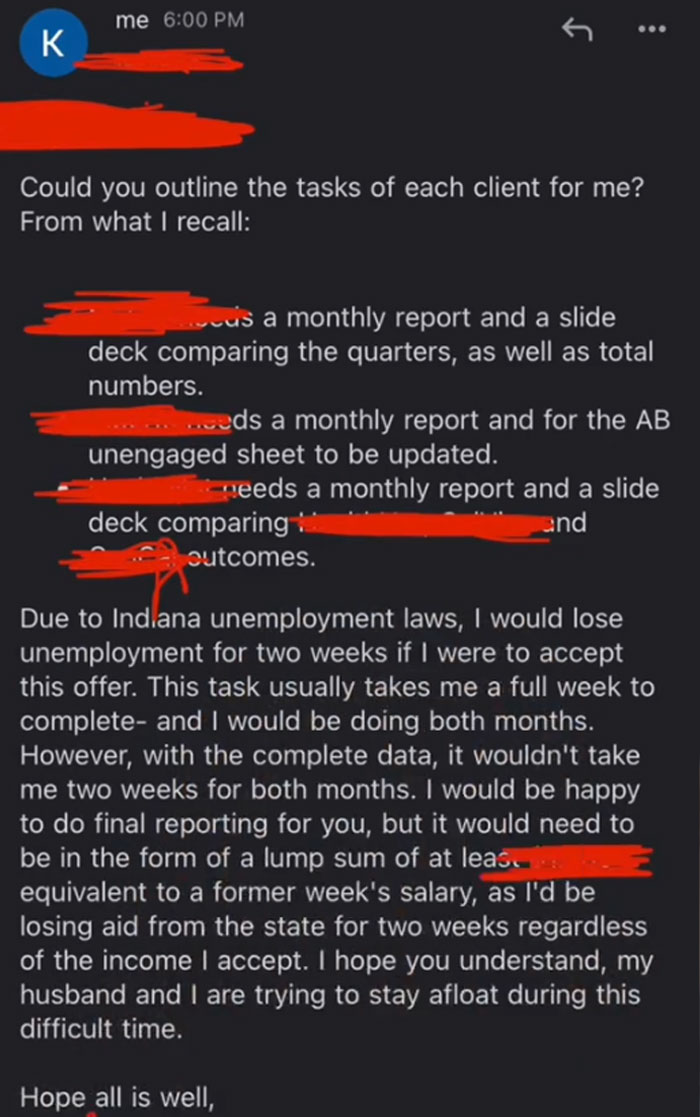 Woman Gets Fired, CEO Contacts Her And Asks Her To Do Some More Work For A Pay Where She Would Be Losing Money