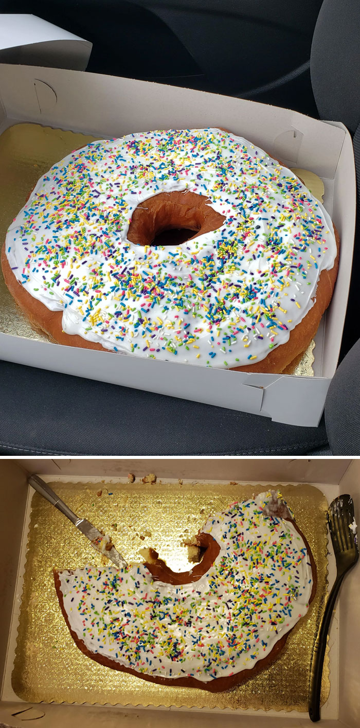 This Is A 7-Pound, 15+ Inch Diameter Donut Before And After 4 Adults And 2 Kids Had Their Fill. Tastes Just Like The Regular-Size Donut