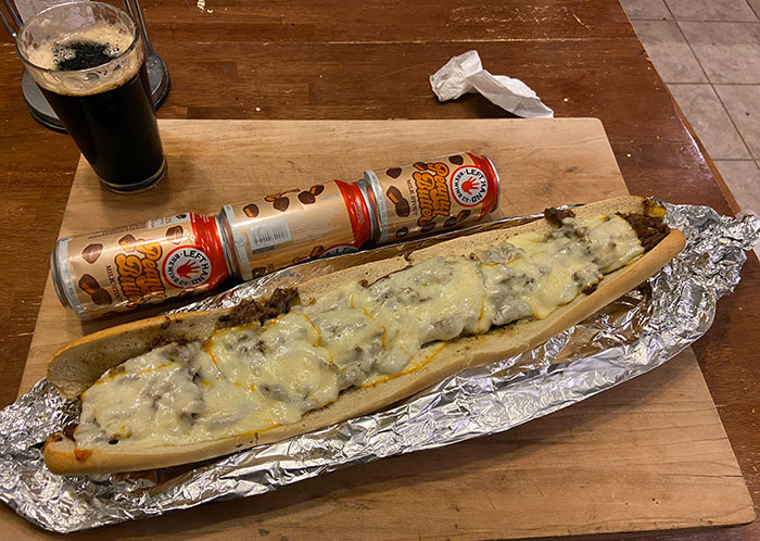 Big Philly Cheesesteak. 3 Beer Cans Long