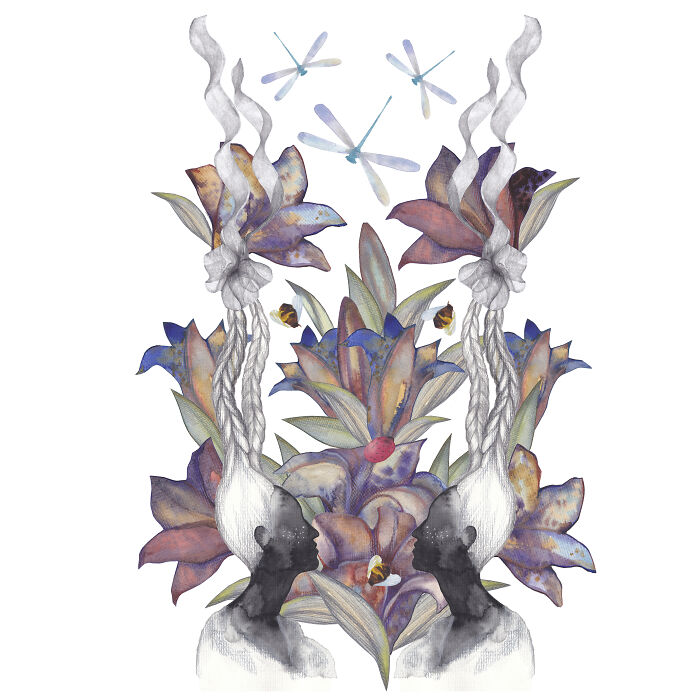 Watercolor Drawing. The Twin Sisters Series: "Summer Flowers"