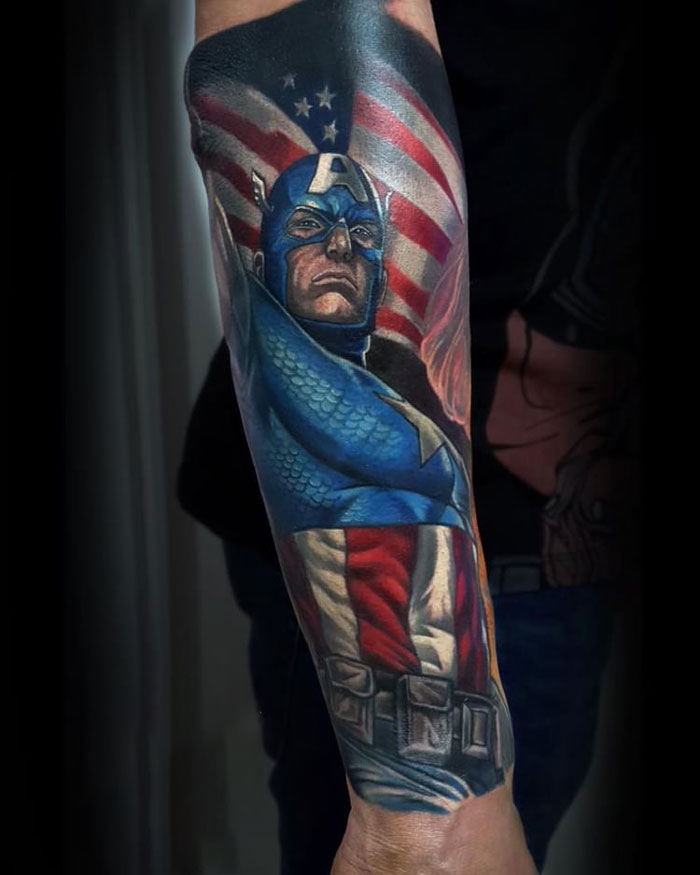Captain America and American flag tattoo 
