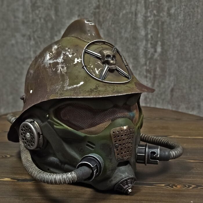 I Upcycled A Vintage Fireman's Helmet By Making It Into A Post Apocalyptic-Looking Mask