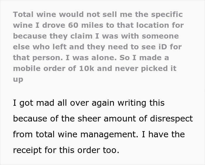 Customer Is Denied Wine Purchase By Power-Tripping Staff, Gets Sweet Revenge By Using Their Own Policy Against Them Customer Is Denied Wine Purchase By Power-Tripping Staff, Gets Sweet Revenge By Using Their Own Policy Against Them