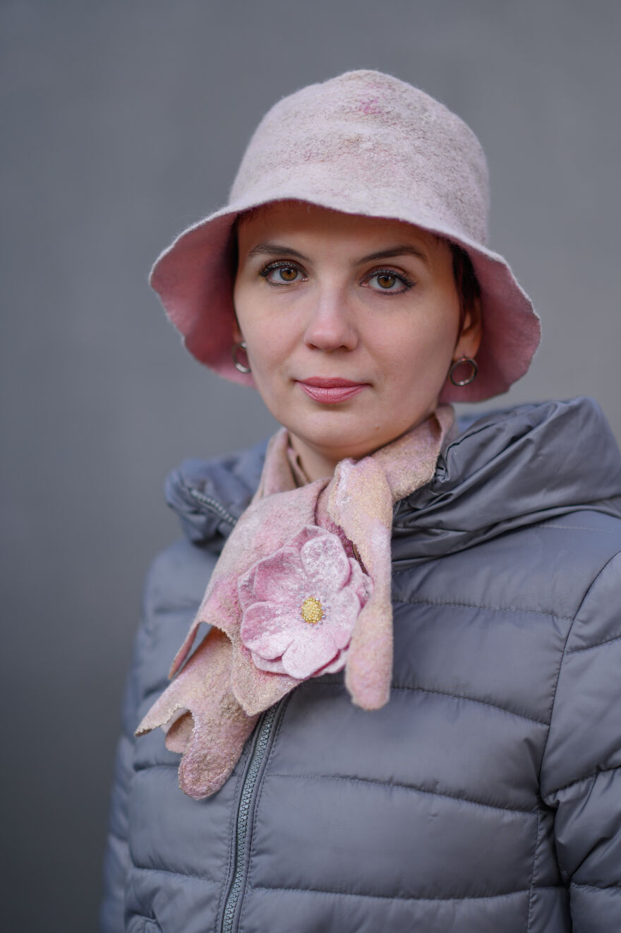 Wool Panama Hat And Scarf With Brooch Rose Quartz