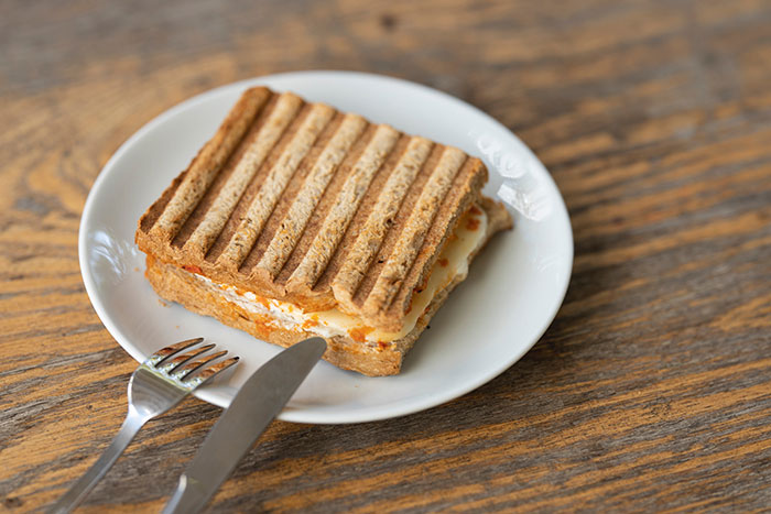 Grilled cheese sandwich on white ceramic plate