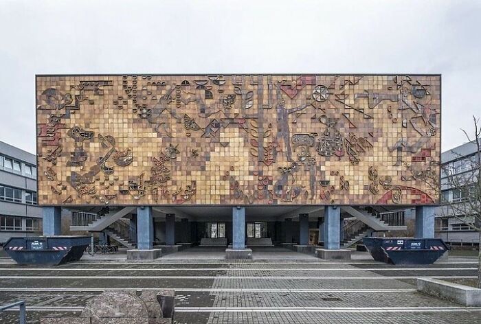 Large Mosaic Of Ceramic Tiles Entitled “Man And Nature” On The Facade Of The The Brandenburg University Of Technology Cottbus The 1970s
