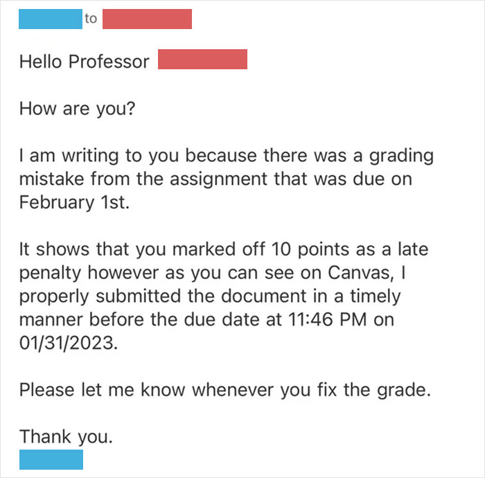 Student Questions Why They Received A Late Penalty When Their Assignment Was Submitted 14 Mins Before The Deadline, Shares Their Emails With The Professor Student Questions Why They Received A Late Penalty When Their Assignment Was Submitted 14 Mins Before The Deadline, Shares Their Emails With The Professor