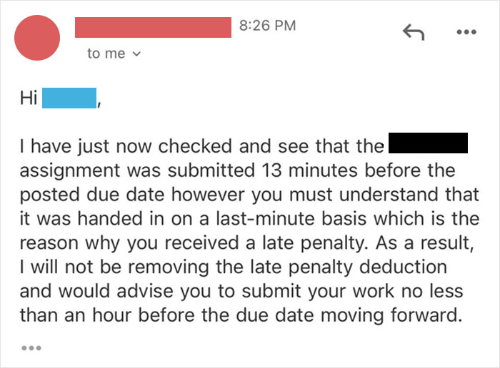 Student Questions Why They Received A Late Penalty When Their Assignment Was Submitted 14 Mins Before The Deadline, Shares Their Emails With The Professor Student Questions Why They Received A Late Penalty When Their Assignment Was Submitted 14 Mins Before The Deadline, Shares Their Emails With The Professor
