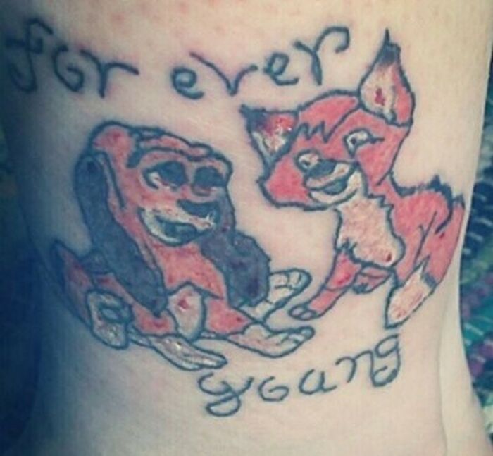 Funny best friend animal tattoo with cartoon animals and the words "forever young".