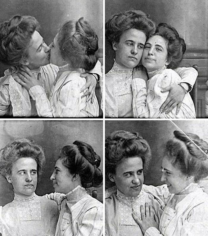 Set vintage de fotos selfie de una pareja desconocida de mujeres. Pueden haber sido novias o hermanas, debido a su parecido. Alrededor de 1900