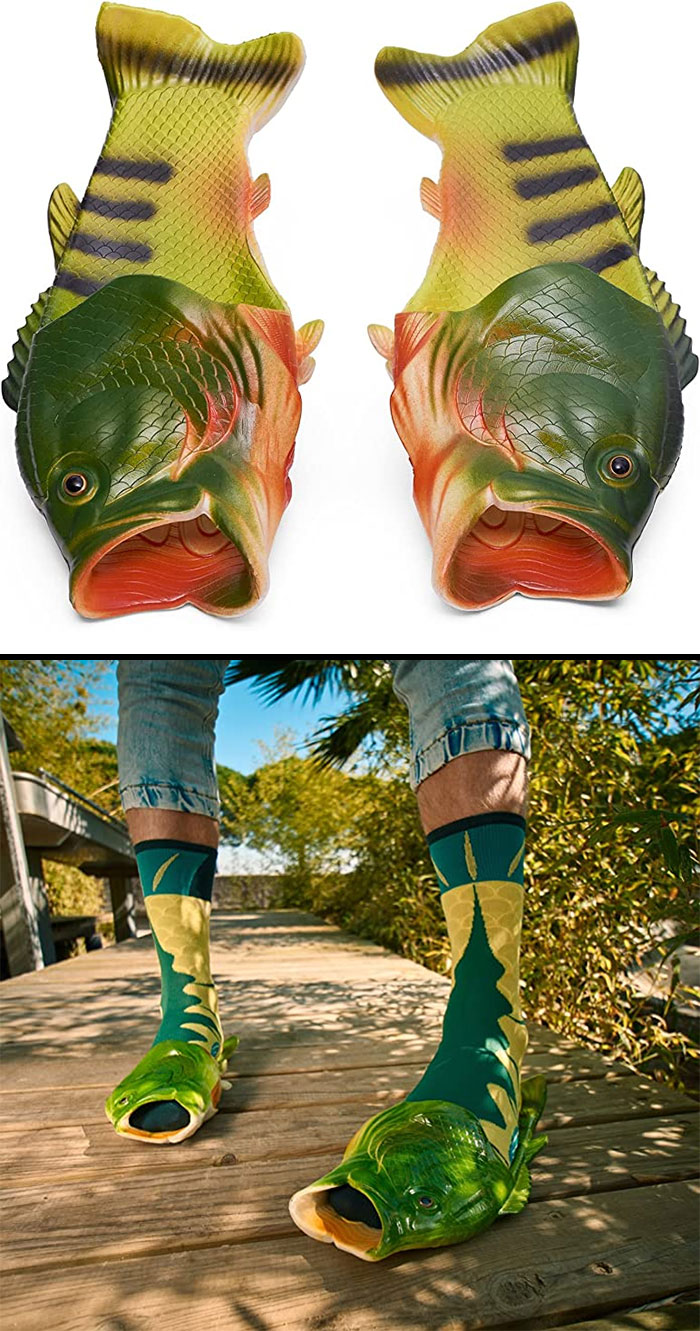 Weird shoes shaped like fish, worn with matching socks, showcasing a unique design.
