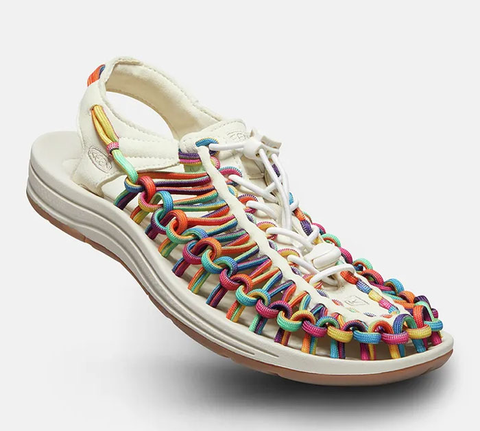 Colorful woven sandal with unique, vibrant design from weird shoe collection.
