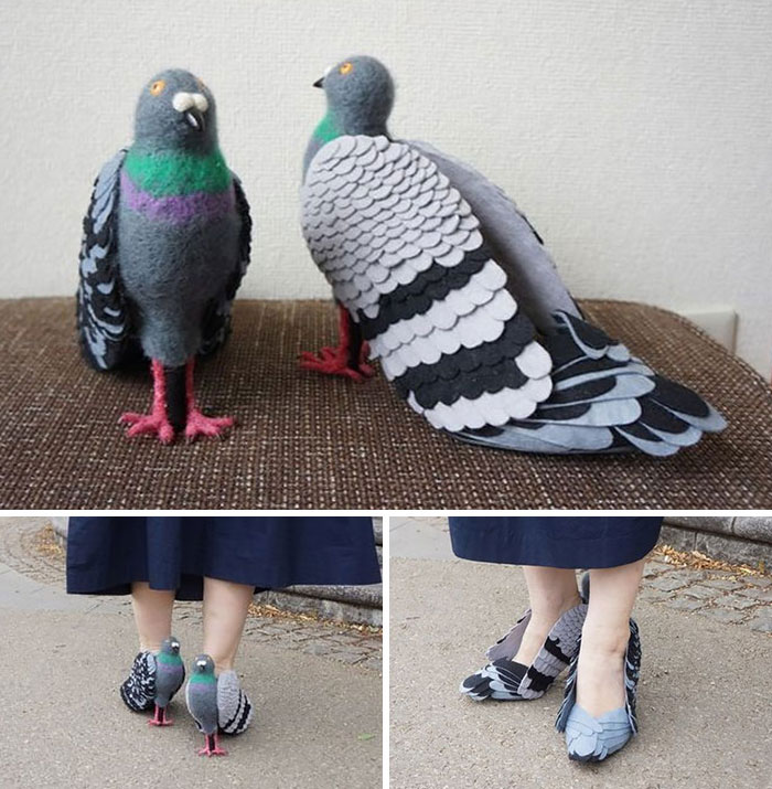 Weird shoes shaped like pigeons, showcasing unique and whimsical footwear design.
