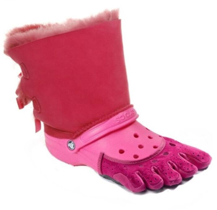 Weird shoes featuring a unique five-toe design with a pink furry upper.