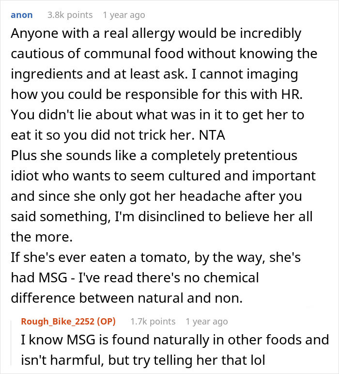 Woman Loses It After She Finds Out A Coworker's Meal She Helped Herself To Contained MSG, Takes Her To HR Woman Loses It After She Finds Out A Coworker's Meal She Helped Herself To Contained MSG, Takes Her To HR