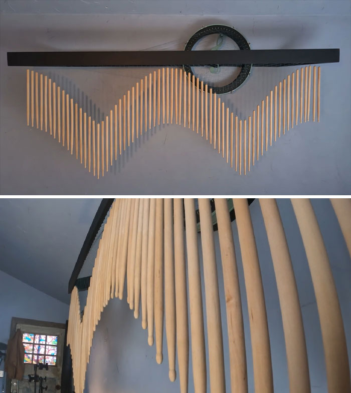 Drumroll: I Built This Kinetic Sculpture For A Local Music Studio. It Is Approximately 8' Long And Uses 72 Drumsticks To Create A Moving Sine Wave