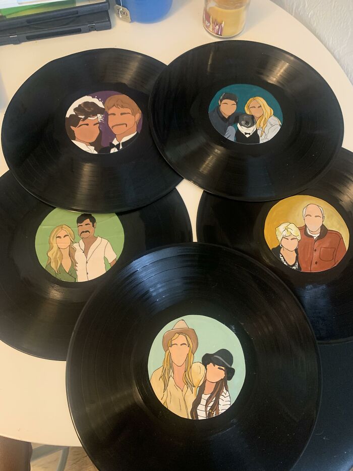 My Fiancé Is A Musician, And I Am An Artist So I’m Making Those Faceless Cartoonized Portraits, But I’m Painting Them On Vinyl Records Of Each Of Our Guests For Wedding Favors! I Wanted Something Unique That Would Show Our Guests Our Love And Appreciation Of Them