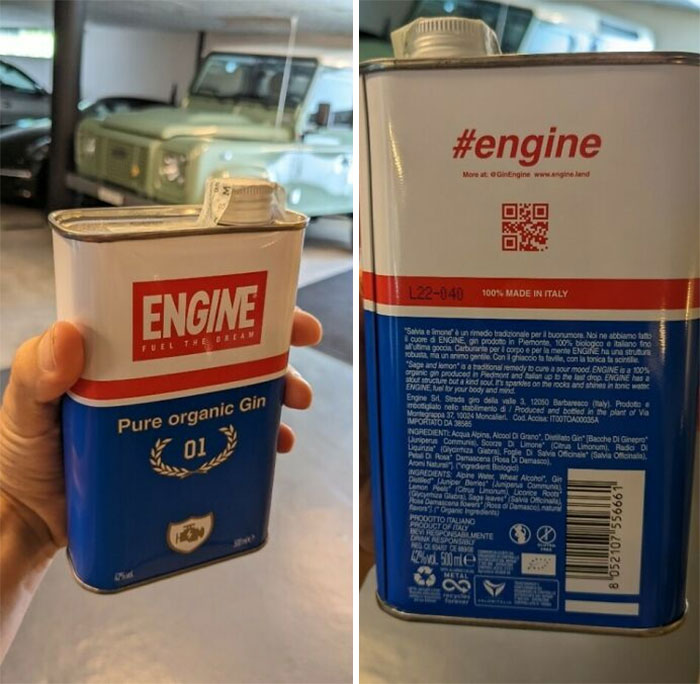 Aluminum Can Of Gin From Italy. Can't Spell Engine Oil Without Gin!