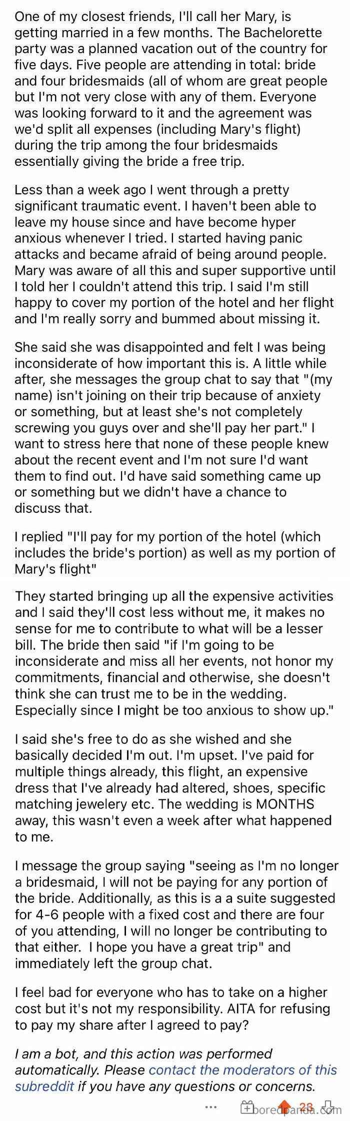 Entitled Bridezilla Removes Bridesmaid For Developing Anxiety After A Traumatic Incident, And Still Expects Her To Pay!