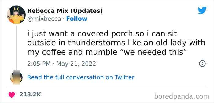 Tweet about wanting a porch to enjoy thunderstorms, coffee, and solitude, reflecting on being single.