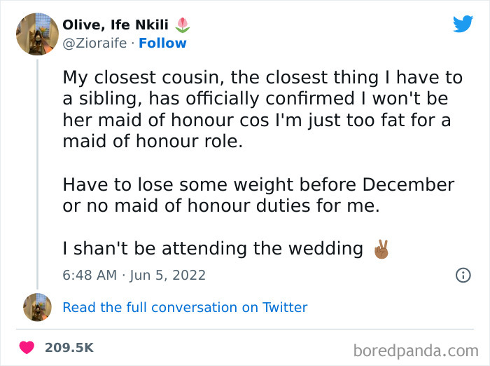 “Lose Weight If You Want To Be My Maid Of Honour”
