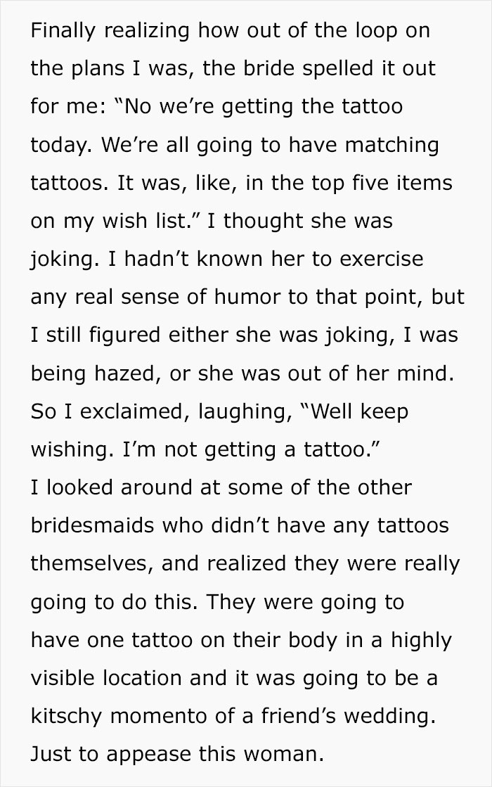 Text exchange about bridesmaid rejecting matching tattoos for a wedding. Text exchange about bridesmaid rejecting matching tattoos for a wedding.