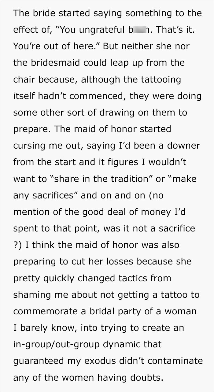 Bride reacts angrily when bridesmaid declines matching tattoo, causing tension among wedding party members. Bride reacts angrily when bridesmaid declines matching tattoo, causing tension among wedding party members.
