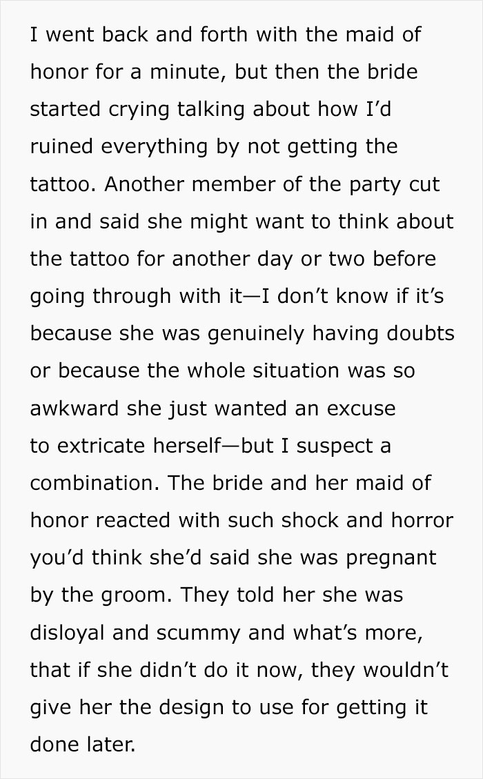Text describing a conflict over matching tattoos for the bridal party. Text describing a conflict over matching tattoos for the bridal party.