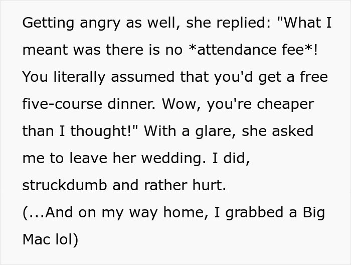 A woman was shocked to find a $50 meal at a colleague's wedding and tried to get McDonald's instead.