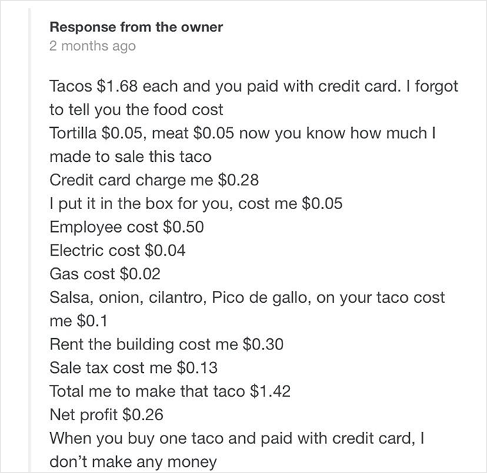 “You Paid With Credit Card”: Restaurant Owner Claps Back At 1-Star Review That Blasted Their Taco Price