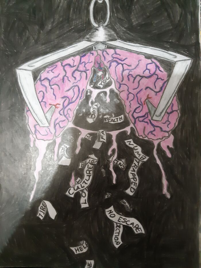 Intrusive Thoughts. A Sketch I Did After Getting Out Of The Hospital With Depression. Represents The Thoughts Running Through My Mind During That Period Of My Life With Things Like Family Hanging By A Thread