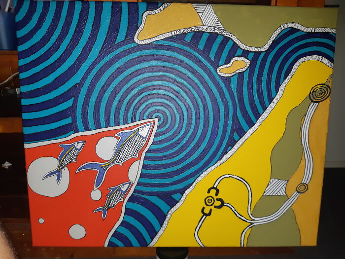Sorry Business At Hat Head. This Painting Depicts My Cousin, Brother And Myself Camping On The The Beach In My Country Dunghutti After My Bulawa (Grandmother) Passed Away. The Fish Are My 2 Uncles And Bulawa Returning To Country. Pippies And Oysters Are Represented By Triangles And Cross Hatching. Our Camps Are The Circles And The Tracks Between Leading To Us On The Sand