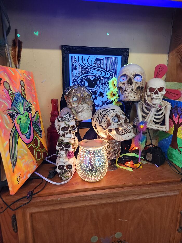 My Shelf Of Interesting Things ..including Original Art By Both My Daughter And I And Skull Signed By Band I Love