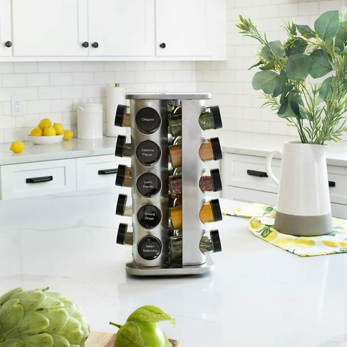 Spice rack for efficient home organization in a bright kitchen setting.