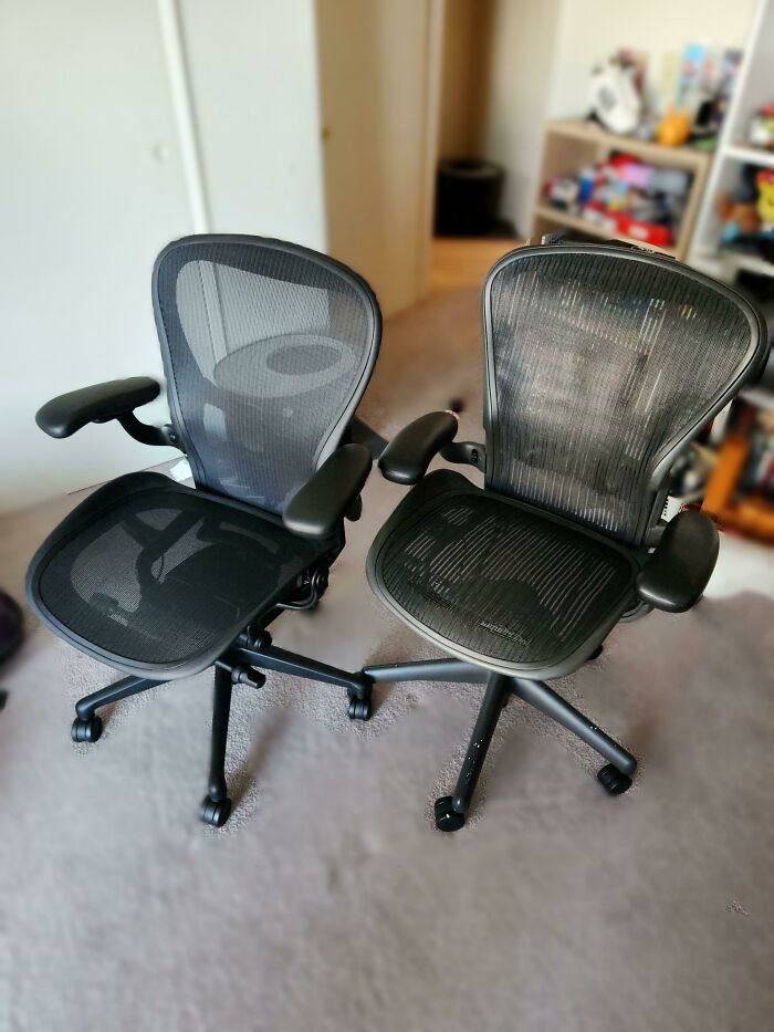 My Fiancé Replaced His 20+ Y/O Herman Miller With The Exact Same Chair, Just New! He Probably Could've Repaired The Other, But He Wanted Some New Features
