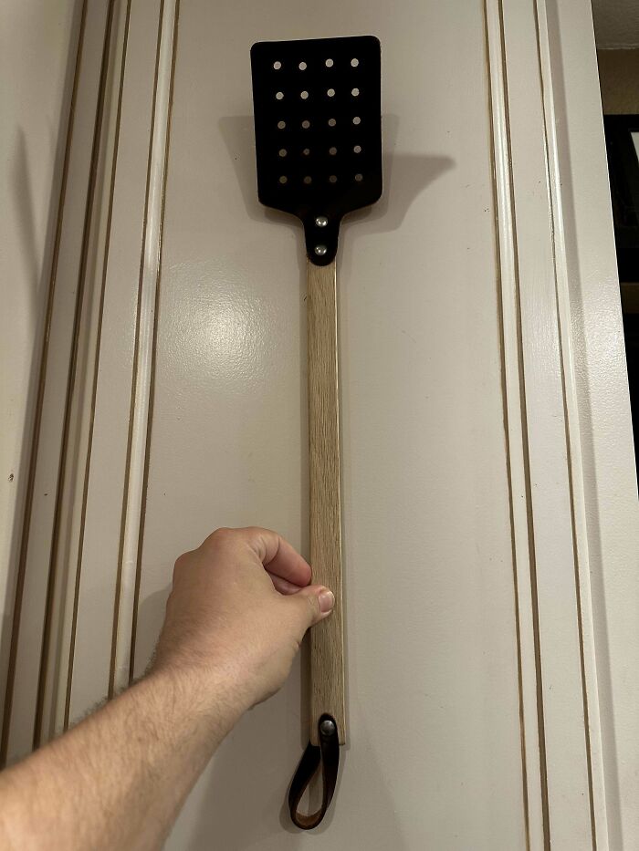 The Last Fly Swatter I’ll Ever Buy . Amish Made With Thick Hide Leather , Rivets And A Hickory Handle And It Was Only $8